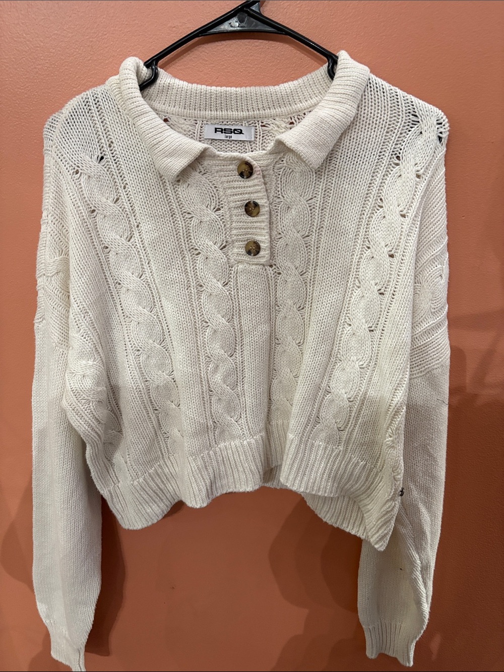 RSQ Cream Cable-Knit Polo Pullover